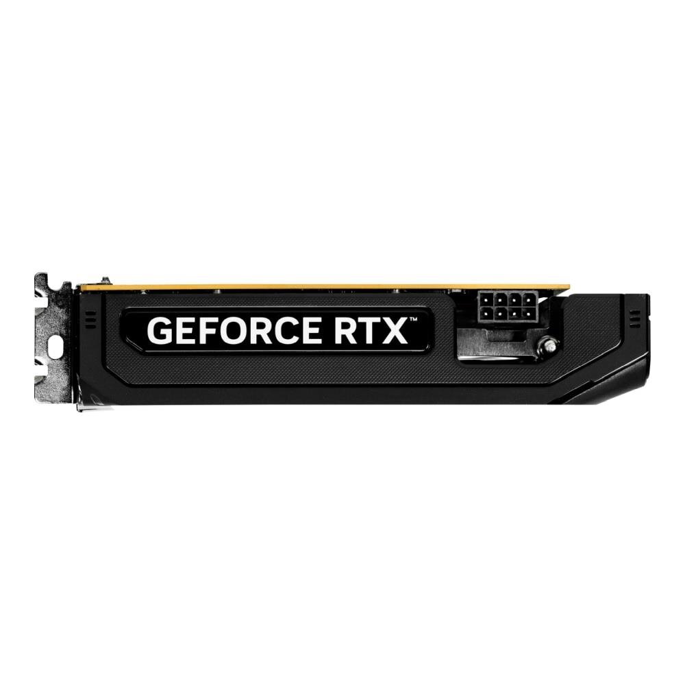 Obraz przedstawia kartę graficzną z napisem \'GEFORCE RTX\' na boku. Widoczny jest również złącze zasilania z ośmioma pinami.
