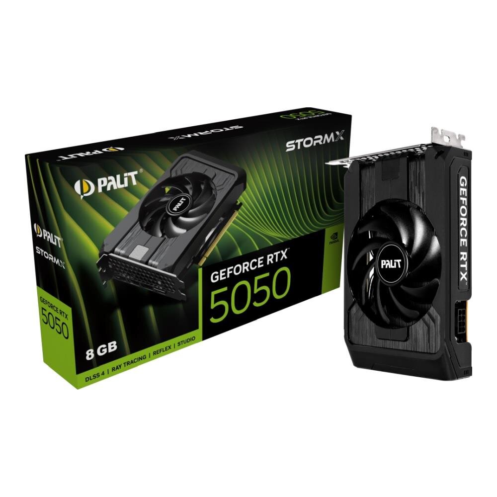Na obrazie widoczna jest karta graficzna z dużym wentylatorem oraz pudełko z napisem \'Palit Geforce RTX 5050\'. Na pudełku znajdują się również napisy \'8 GB\', \'DLSS 4\', \'Ray Tracing\', \'Reflex\', \'Studio\'.