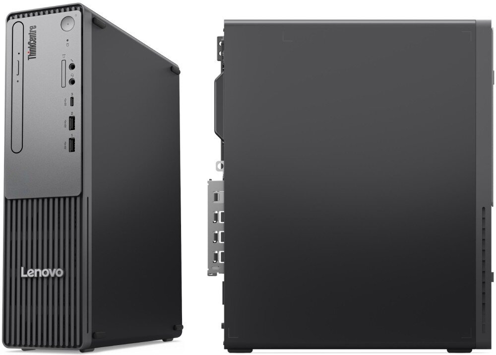 Obraz przedstawia dwa widoki komputera stacjonarnego w obudowie typu tower. Na przednim panelu widoczne są porty USB, gniazdo audio oraz logo \'Lenovo\'.
