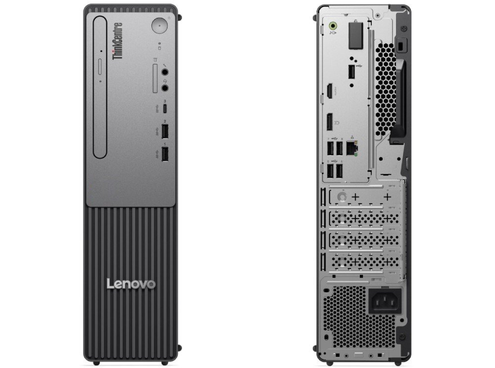 Obraz przedstawia przód i tył obudowy komputera stacjonarnego. Na przodzie widoczne są porty USB, gniazda audio oraz logo \'Lenovo\', a z tyłu różne złącza i otwory wentylacyjne.