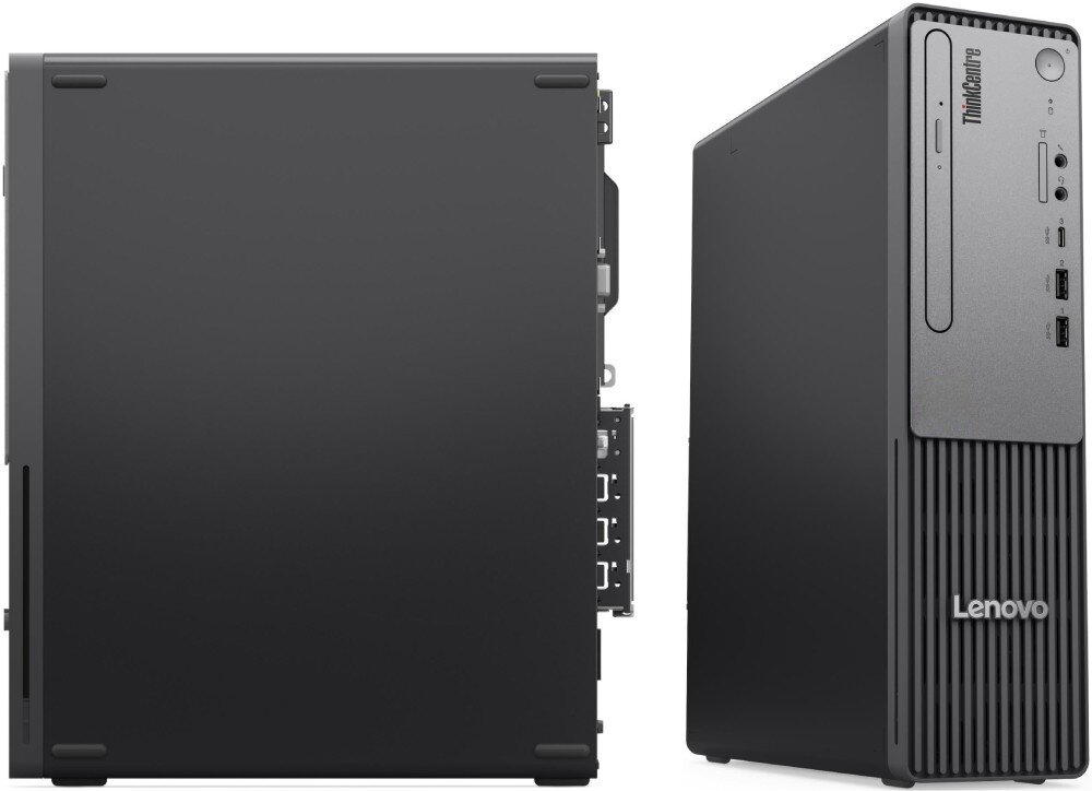 Obraz przedstawia dwa komputery stacjonarne w kolorze czarnym. Na jednym z nich widoczne jest logo \'Lenovo\' oraz napis \'ThinkCentre\'.