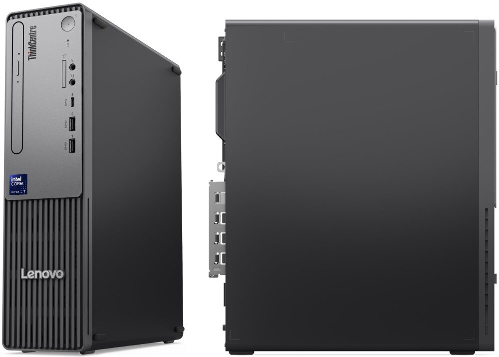 Komputer LENOVO ThinkCentre neo 50s Gen 6 Zestawienie dwóch ujęć czarnej obudowy komputera typu SFF pokazujące widok pod kątem na przedni panel z portami oraz widok z boku na gładką ściankę obudowy, wymiary, obudowa, układ graficzny, dysk SSD