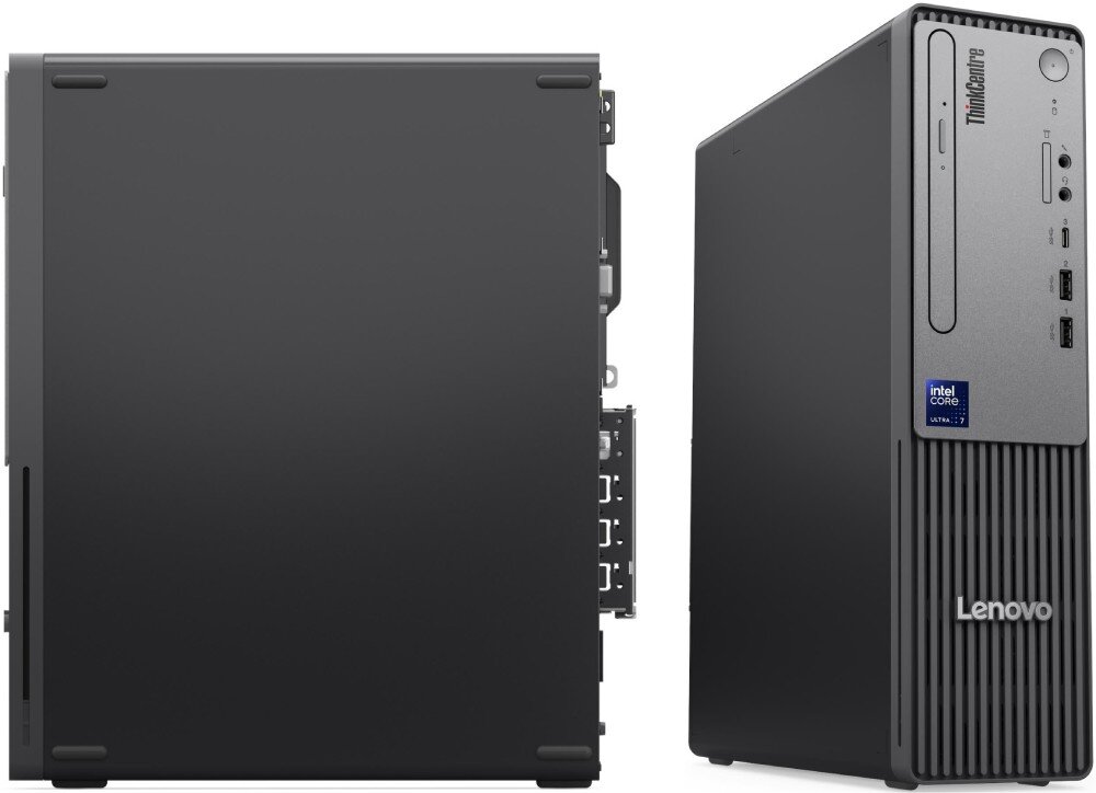 Komputer LENOVO ThinkCentre neo 50s Gen 6 Dwa ujęcia obudowy komputera stacjonarnego prezentujące lewy bok z widocznym podłużnym otworem wentylacyjnym oraz widok z przodu ukazujący perforowaną dolną część obudowy, zabezpieczenia układ TPM