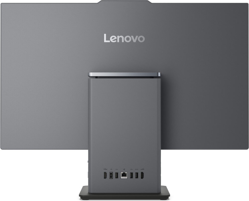 Komputer All in One LENOVO ThinkCentre neo 50a 27 Gen 5 Widok na tylną, szarą obudowę komputera z jasnym napisem 'Lenovo', szeroką szarą podstawą, w dolnej części której umieszczono rząd złączy i portów, w tym porty USB, HDMI oraz sieciowy RJ45, złącz, porty, łączność