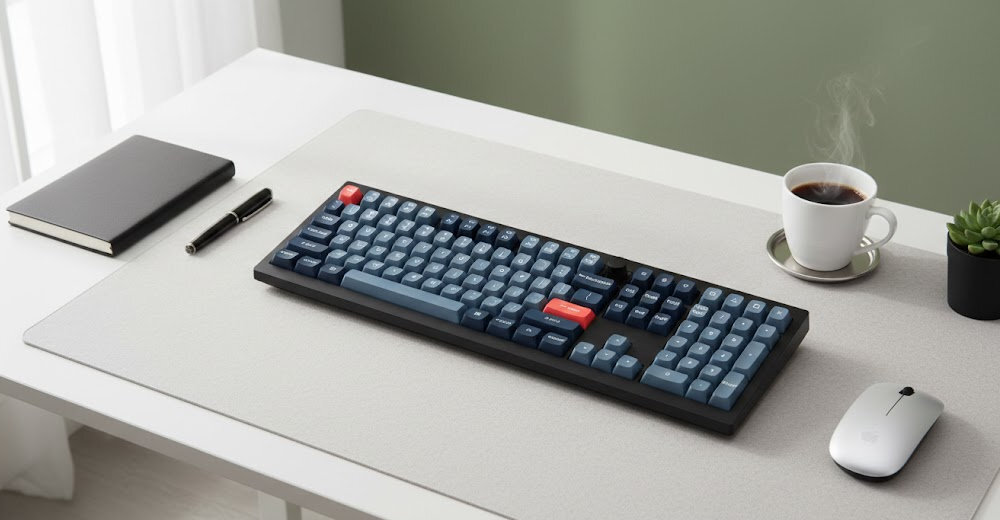 KEYCHRON V3 Max bezprzewodowa klawiatura Full-size Tenkeyless 80% bez bloku numerycznego klawisze funkcyjne, strzałki i nawigację - klawiatura na jasnym blacie, w okół akcesoria