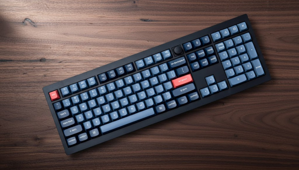 KEYCHRON V3 Max litowo-jonowy pojemności 2000 mAh 190 godzin pracy bez podświetlenia włączonym podświetleniu RGB 100 godzin - klawiatura na drewnianym blacie