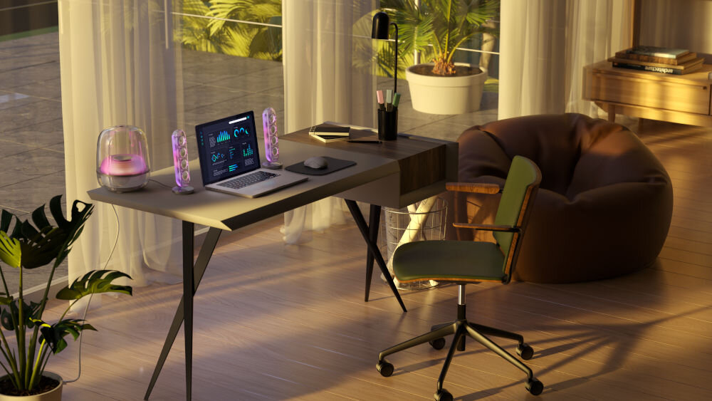 Głośnik HARMAN KARDON Soundstick 5 efekty świetlne animacje kolory, zestaw kolumn stojący na biurku obok laptopa