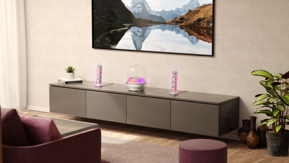 Głośnik HARMAN KARDON Soundstick 5 system 2.1 subwoofer 190 W RMS, zestaw kolumn stojący na komodzie na zawieszonym telewizorem