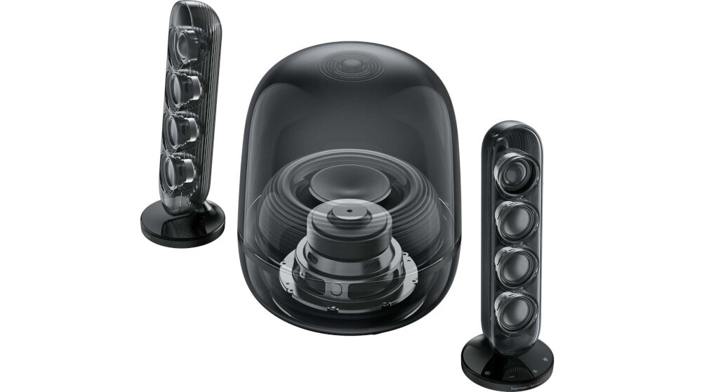 Głośnik HARMAN KARDON Soundstick 5 2.1 design przezroczysta kopuła oświetlenie, zestaw kolumn po skosie na białym tle