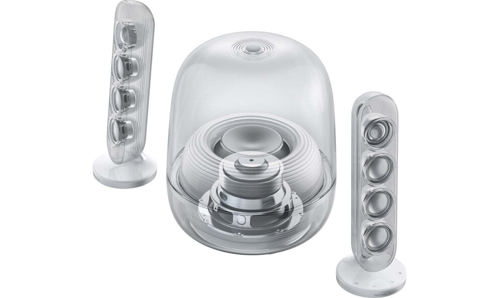 Głośnik HARMAN KARDON Soundstick 5 aplikacja Harman Kardon One sterowanie dotykowe, zestaw kolumn po skosie na białym tle