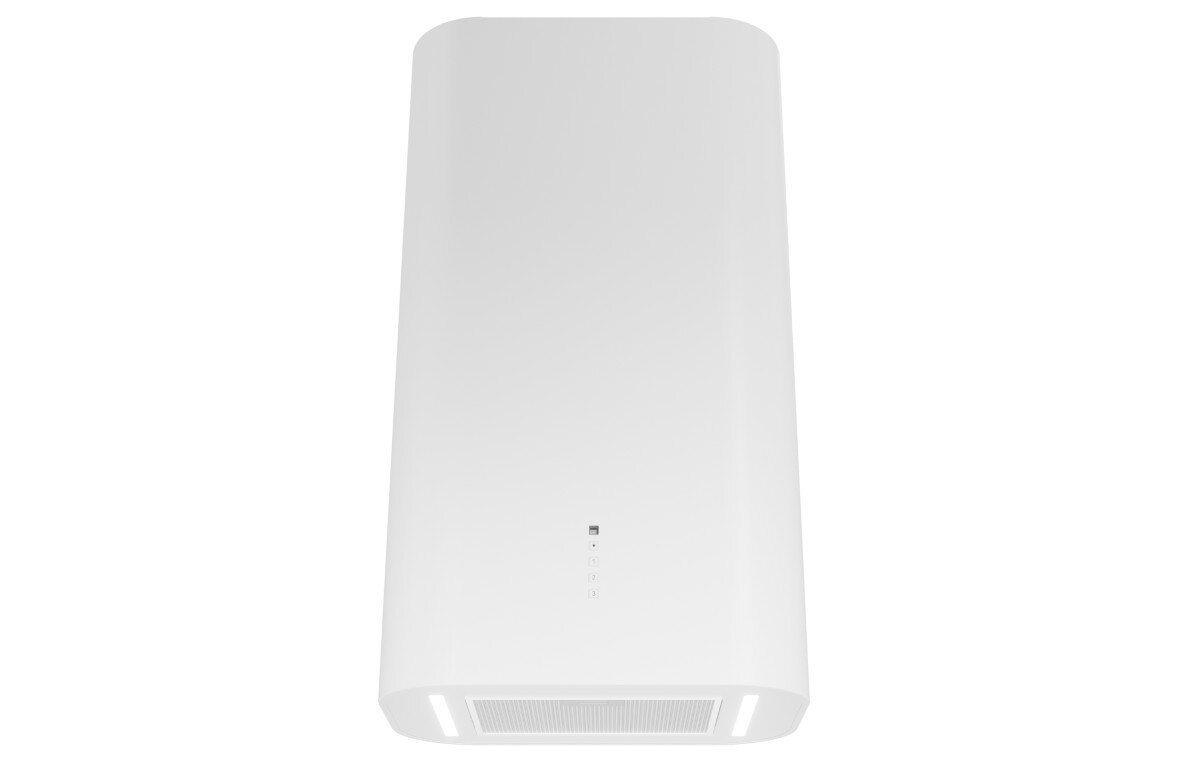 Biały okap kuchenny o prostokątnym kształcie z widocznym panelem sterowania na froncie. Na dole znajduje się kratka wentylacyjna.