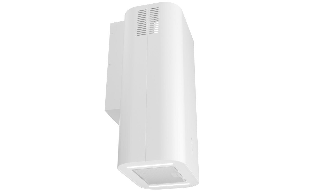 Biały okap kuchenny o nowoczesnym, cylindrycznym kształcie z widocznymi otworami wentylacyjnymi na górze. Dolna część okapu posiada prostokątny panel z siatką filtracyjną.