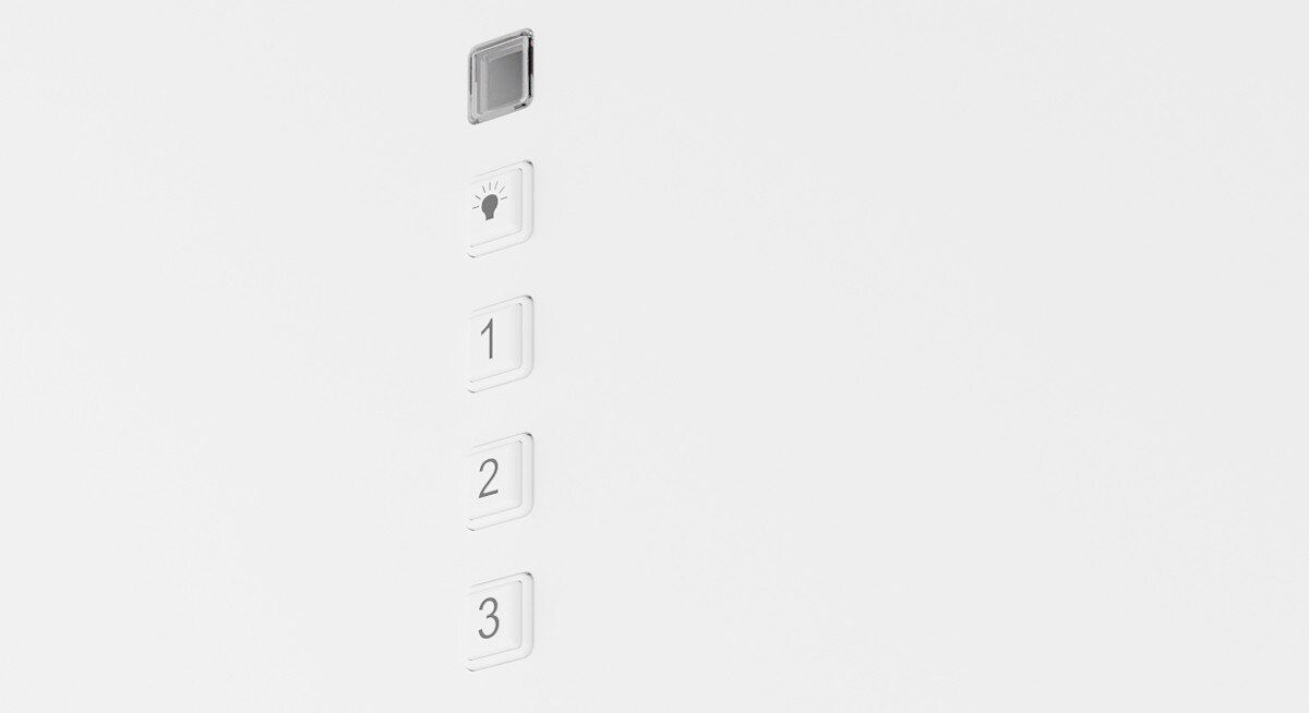 Panel sterowania z czterema przyciskami, z których jeden ma ikonę żarówki, a pozostałe są oznaczone cyframi 1, 2 i 3.