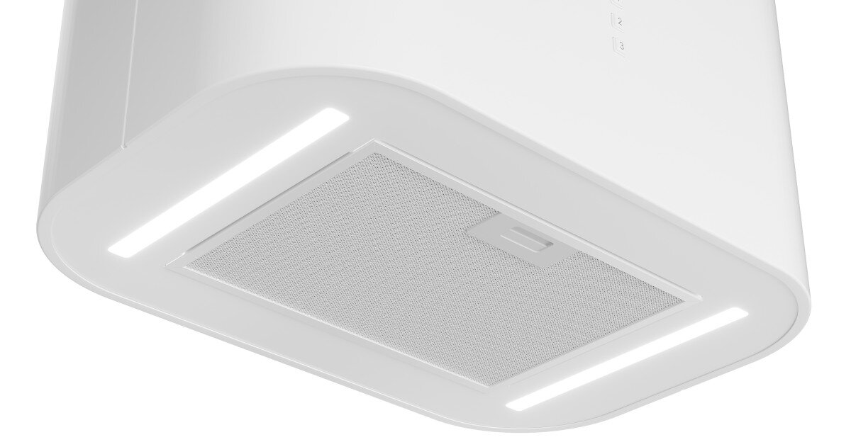 Biały okap kuchenny z prostokątnym panelem i wbudowanym oświetleniem LED po bokach. Na panelu widoczna jest kratka wentylacyjna.