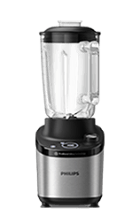 Blender kielichowy z przezroczystym pojemnikiem i czarną podstawą. Na podstawie widoczne jest logo \'PHILIPS\'.