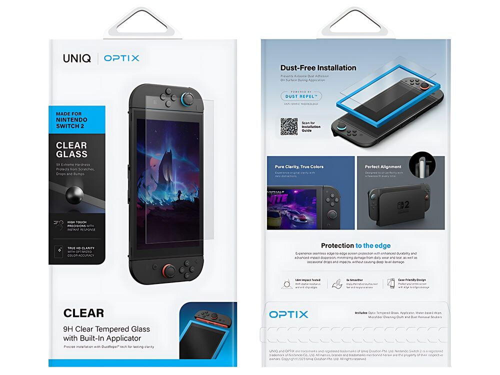 Szkło hartowane UNIQ Optix Clear do Nintendo Switch 2
            Opakowanie szkła hartowanego UNIQ Optix Clear do Nintendo Switch 2, widok z przodu i z tyłu, z opisem cech produktu i ilustracjami montażu
            przejrzystość wyświetlanie dokładność instalacja montaż dotyk