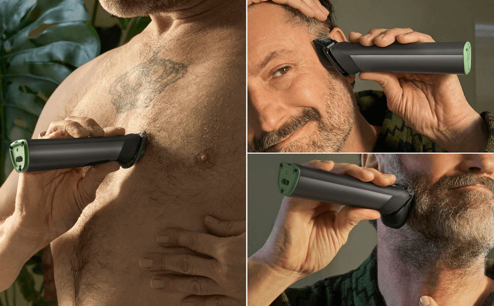 Mężczyzna golący brodę, włosy i klatkę piersiową