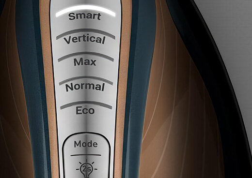 Zbliżenie na panel trybów pracy generatora pary GV9920: Smart, Vertical, Max, Normal, Eco oraz Mode z ikoną LED.