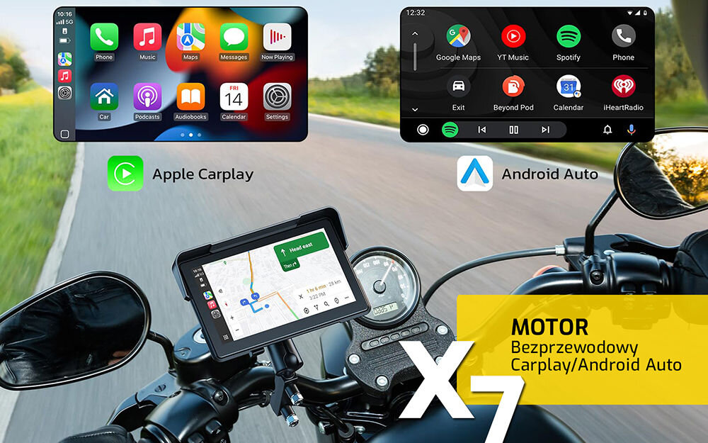 Tablet motor XENSO X7 ekran CarPlay Android Auto motocykl multimedia, tablet przymocowany do kierownicy motoru, motor jadący szosą
