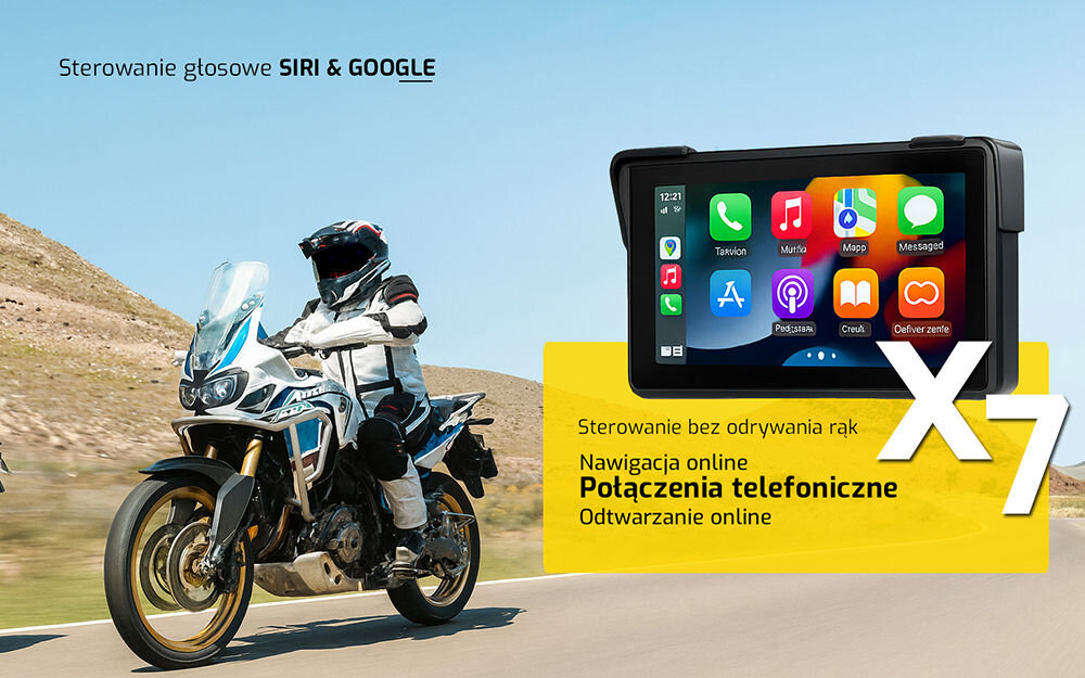 Tablet motor XENSO X7 sterowanie głosowe Siri Asystent Google Bluetooth, motocyklista jadący na motorze szosą