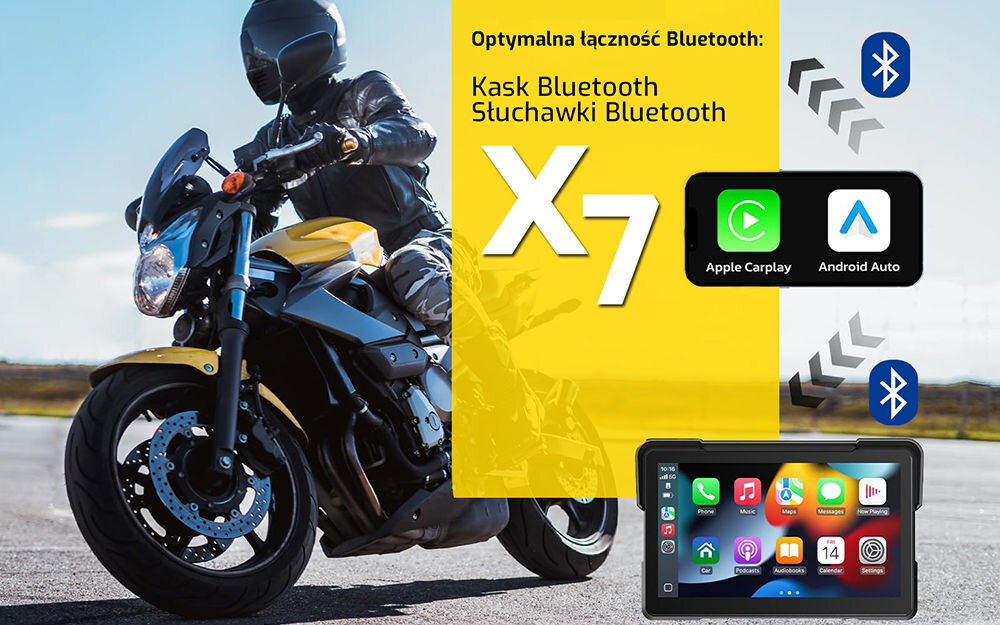 Tablet XENSO X7 stabilne połączenie Bluetooth audio rozmowy nawigacja, motocyklista jadący szosą motorem
