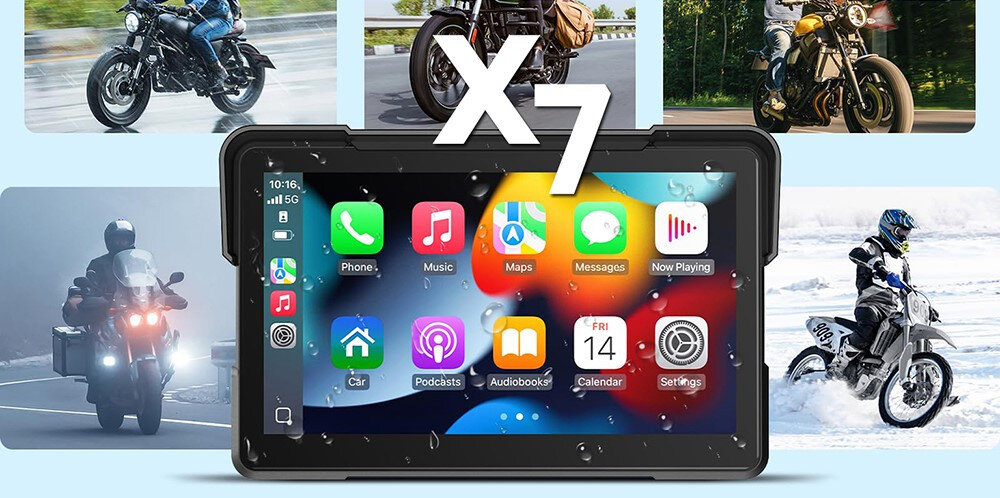 Tablet motor XENSO X7 wodoodporność IP67 odporność temperatura kurz deszcz, tablet od frontu, rózne kadry motocyklistów na motorach w różnych warunkach