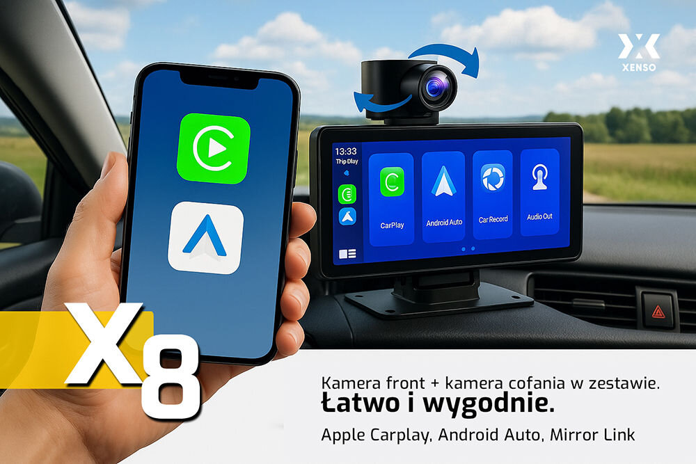 Tablet XENSO X8 integracja Apple CarPlay Android Auto bezprzewodowe połączenie funkcje multimedialne, tablet przymocowany do kokpitu, ręka trzymająca smartfon