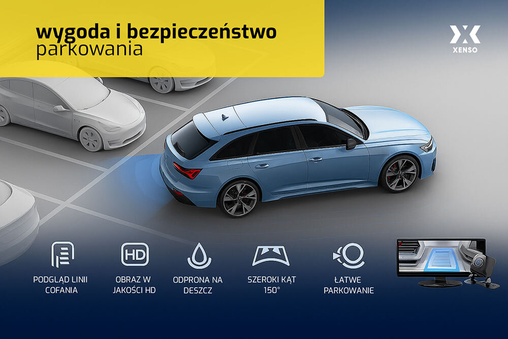 Tablet XENSO X8 kamera cofania linie pomocnicze automatyczne uruchamianie parkowanie, samochód parkujący na parkingu