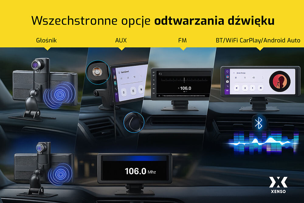 Tablet XENSO X8 Bluetooth AUX FM transmiter wbudowany głośnik odtwarzanie dźwięku, rózne ujecia tableta przymocowanego do kokpitu samochodu