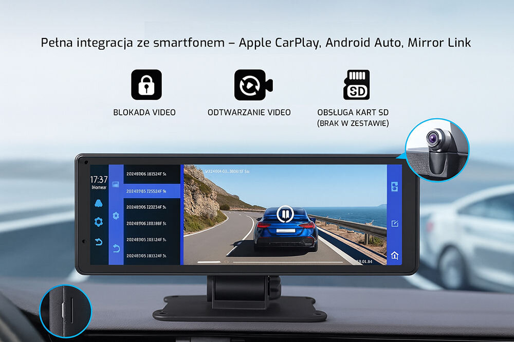 Tablet XENSO X8 ekran 8.1 cala IPS 1920x720 60Hz czytelny interfejs dotyk, tablet od frontu przymocowany do kokpitu samochodu
