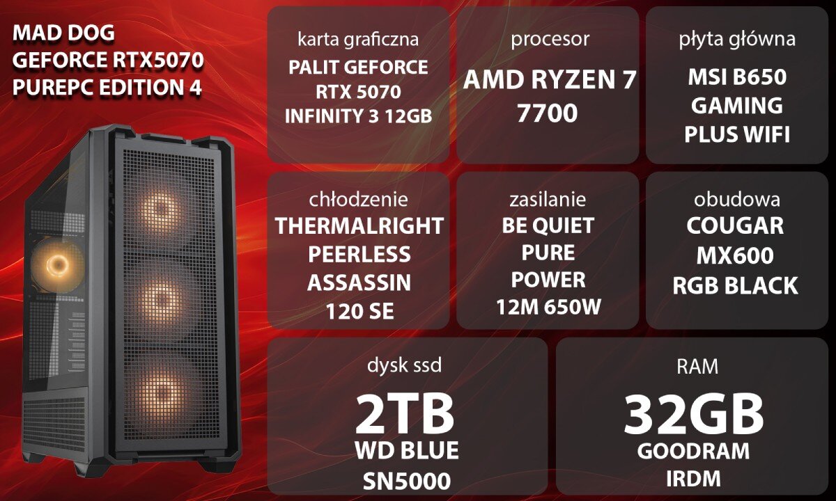Komputer MAD DOG GeForce RTX5070 PurePC Edition 4 Grafika przedstawiająca specyfikację komputera, z podziałem na podzespoły. W lewej części znajduje się model komputera, a obok niego informacje o podzespołach, opis