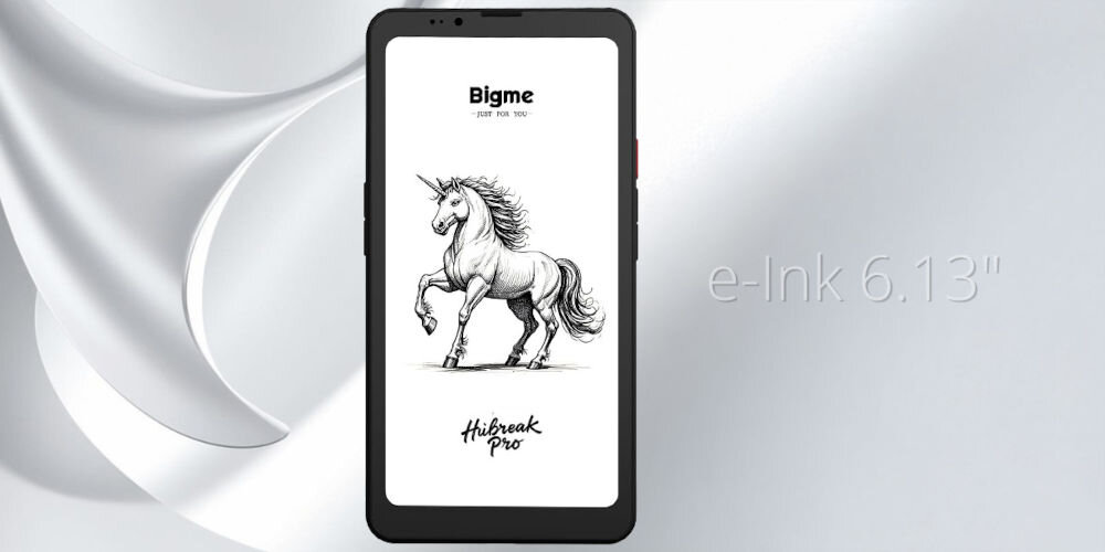 Czytnik e-booków BIGME Hibreak Pro 6.13 cala, Podświetlany ekran, Wi-Fi Czarny prezentacja czytnika od przodu na jasnym tle z napisem wyświetlacz e-papierowy przekątna rozdzielczość wysoka ostrość tekstu i obrazów nie męczy wzroku technologia SSS płynność odświeżania automatyczne usuwanie efektu ducha