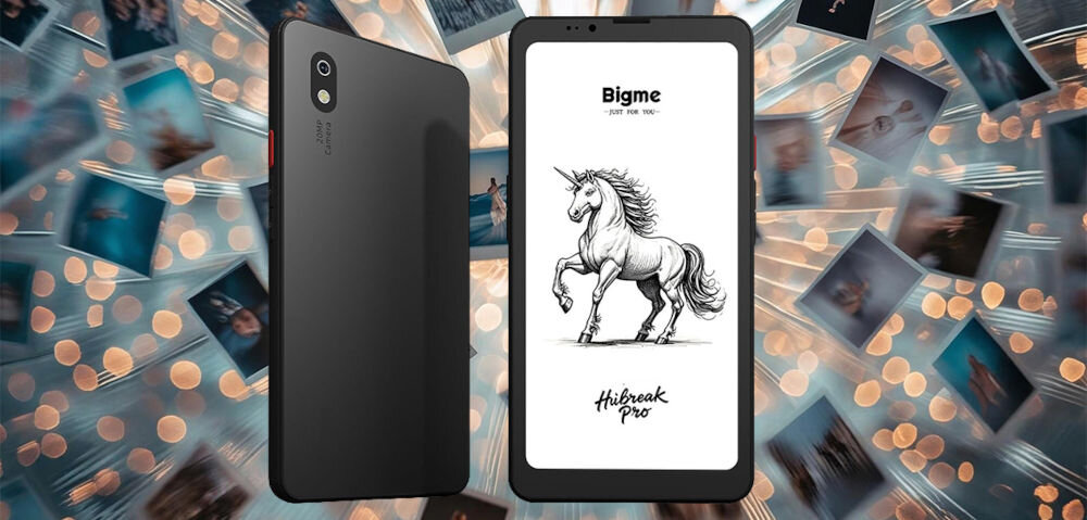 Czytnik e-booków BIGME Hibreak Pro 6.13 cala, Podświetlany ekran, Wi-Fi Czarny prezentacja czytnika od przodu i tyłu w tle lecące rozmazane wydrukowane zdjęcia aparat tylny 20 MP skanowanie dokumentów OCR oszczędność czasu digitalizacja