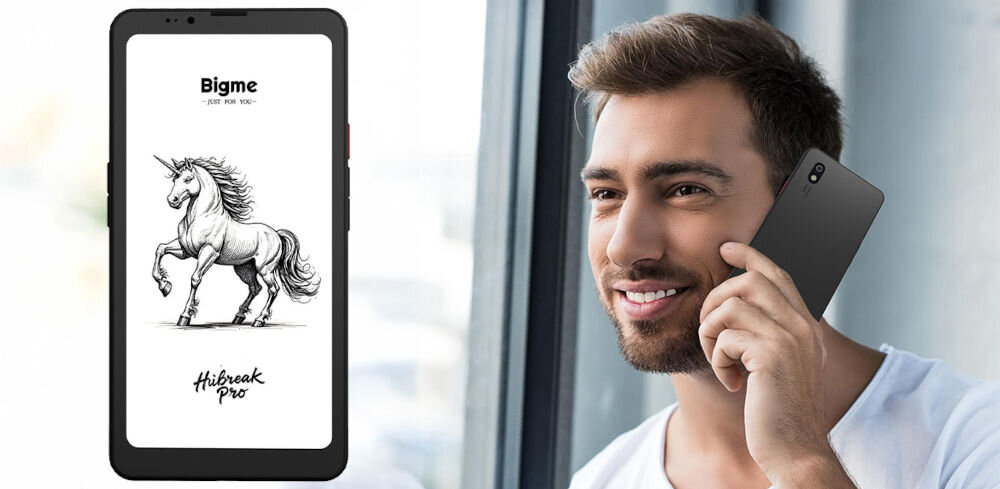 Czytnik e-booków BIGME Hibreak Pro 6.13 cala, Podświetlany ekran, Wi-Fi Czarny mężczyzna rozmawiający przez urządzenie obok czytnik pokazany od przodu 5G 4G stabilne połączenie kompas Wi-Fi Bluetooth płynna łączność
