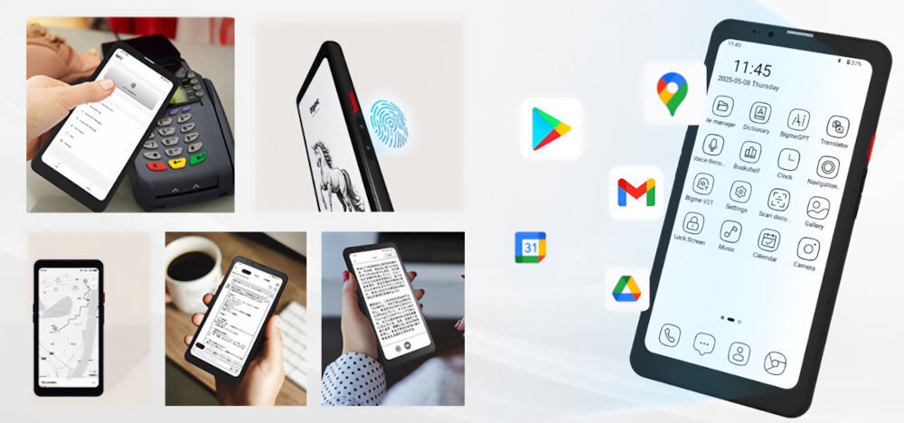 Czytnik e-booków BIGME Hibreak Pro 6.13 cala, Podświetlany ekran, Wi-Fi Czarny prezentacja czytnika z wychodzącymi ikonami aplikacji obok pokazanie mozliwych funkcji czytnika jasne tło ustawienia układu tekstu TTS tłumaczenie zaznaczanie fragmentów dodawanie adnotacji Android 14