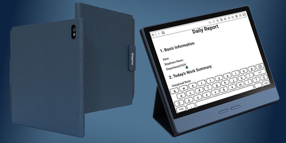 Czytnik e-booków BIGME B7 CL 4G 7 cali, Podświetlany ekran, Wi-Fi Granatowy prezentacja czytnika w pozycji z funkcją podstawki i zamkniętej pokrywy na niebieskim tle magnetyczna pokrywa PU ochrona przed uszkodzeniami funkcja podstawki stabilność