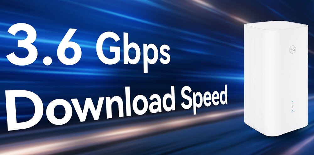 Router HUAWEI Zowee 5G router na tle ciemnego, dynamicznego tła z liniami światła oraz dużym napisem '3.6 Gbps Download Speed'