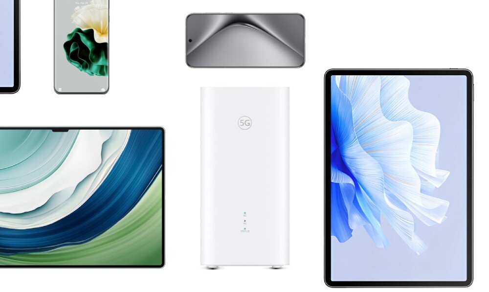 Router HUAWEI Zowee 5G router otoczony przez różne urządzenia mobilne, takie jak smartfony i tablety, widziane z góry i z boku