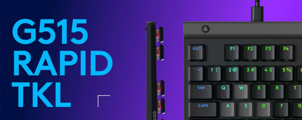 LOGITECH G515 Rapid TKL - klawiatura od góry i od boku na fioletowym tle
