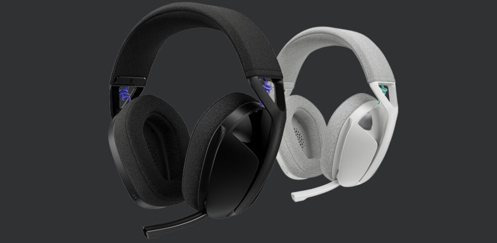 Słuchawki LOGITECH G321 bezprzewodowe dla graczy, dwie pary słuchawek w różnych kolorach na ciemnym tle