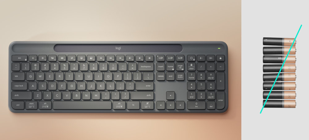 LOGITECH Slim Solar+ Logitech Signature Slim Solar+ klawisze wytrzymują do 10 milionów naciśnięć wbudowany akumulator 10 lat - klawiatura z przekreślonymi bateriami