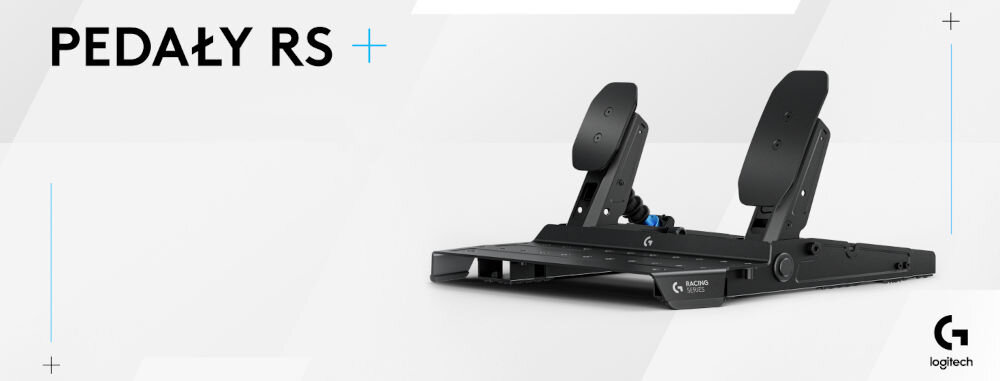 Zestaw pedałów gaz + hamulec LOGITECH RS 941-000310 prezentacja pedałów na jasnym tle z napisem modelu logo w rogu