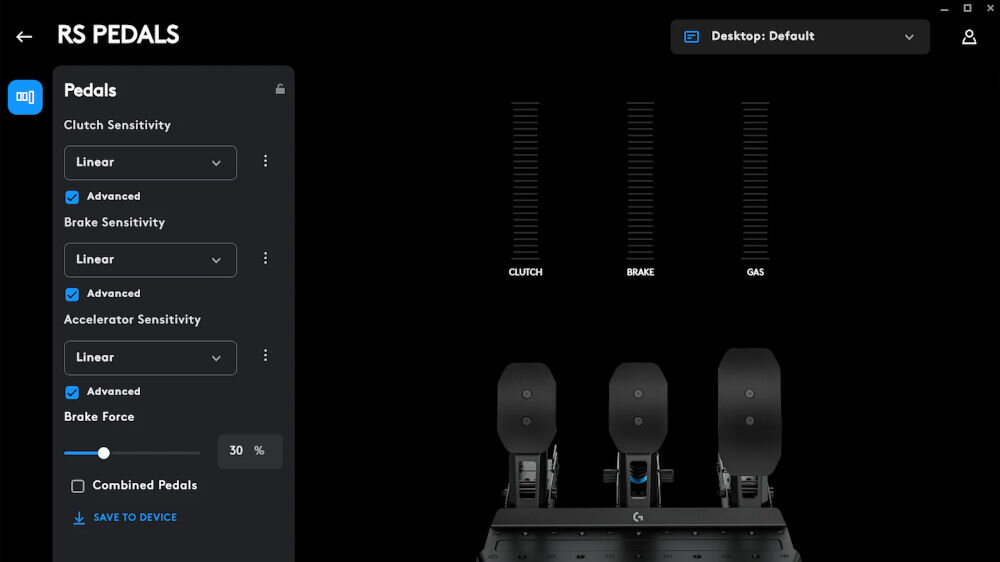 Zestaw pedałów gaz + hamulec LOGITECH RS 941-000310 otwarte okno z programu G HUB pokazanie możliwych ustawień kalibracja zestawu dopasowanie odczuć do stylu jazdy