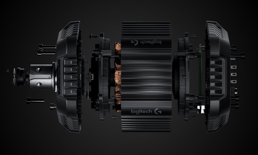 Kierownica LOGITECH RS50 (PC/Playstation) prezentacja rozłożonej bazy w częściach na ciemnym tle kompatybilność moment obrotowy Direct Drive TRUEFORCE realistyczne efekty
