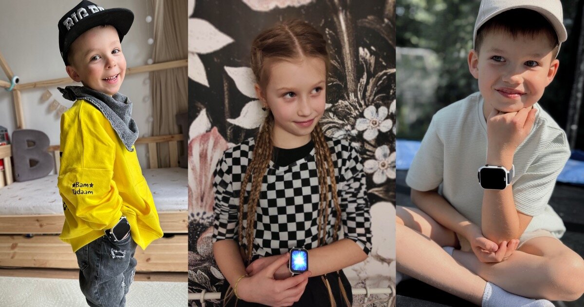 Smartwatch KIDIZ Chat 2.1 Dzieci prezentujące smartwatch KiDiZ Watch Chat 2.1 w kolorze czarno-białym.