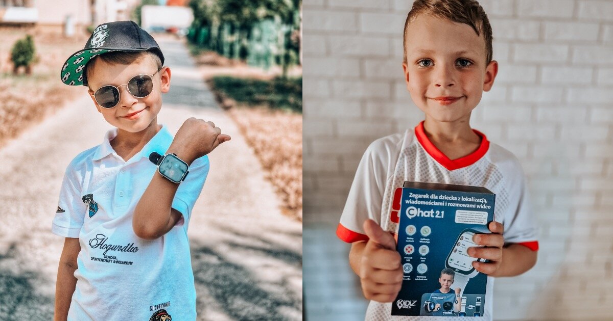 Chłopiec w czapce i okularach prezentuje smartwatch KiDiZ Watch na nadgarstku. Obok chłopiec trzyma pudełko smartwatcha KiDiZ Watch Chat 2.1 w kolorze czarnym.