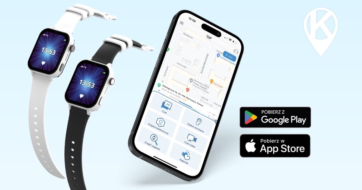 Smartwatch KiDiZ Watch Chat 2.1 zaprezentowany w dwóch wersjach kolorystycznych pasków – białym i czarno-białym – obok smartfona z aplikacją do lokalizacji i zarządzania zegarkiem.