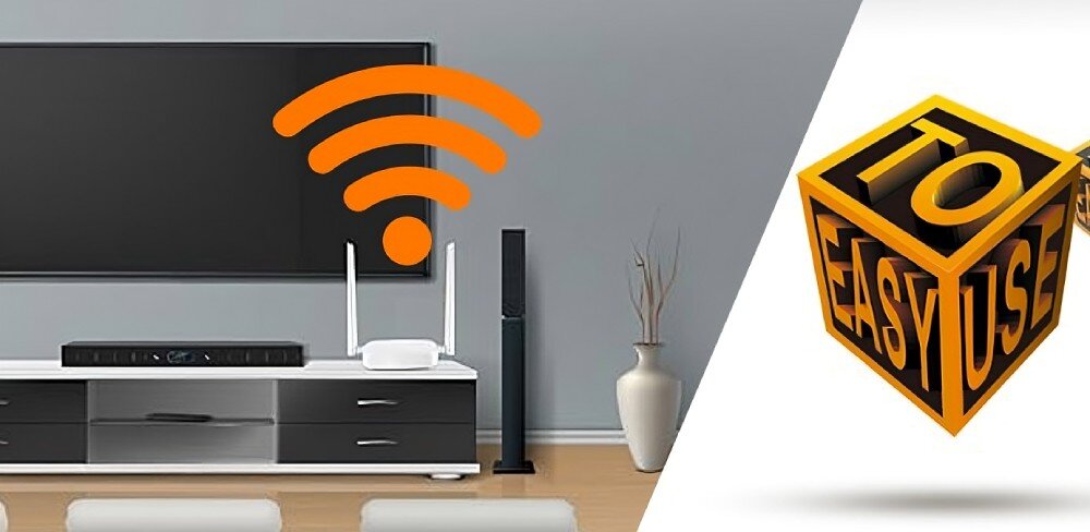 Router TENDA N301 2.4 GHz Router z dwiema antenami stoi na szafce RTV pod telewizorem. Nad routerem znajduje się pomarańczowa ikona sygnału Wi-Fi. Po prawej stronie grafika z napisem 'EASY TO USE' umieszczona na trójwymiarowym sześcianie, konfiguracja, obsługa