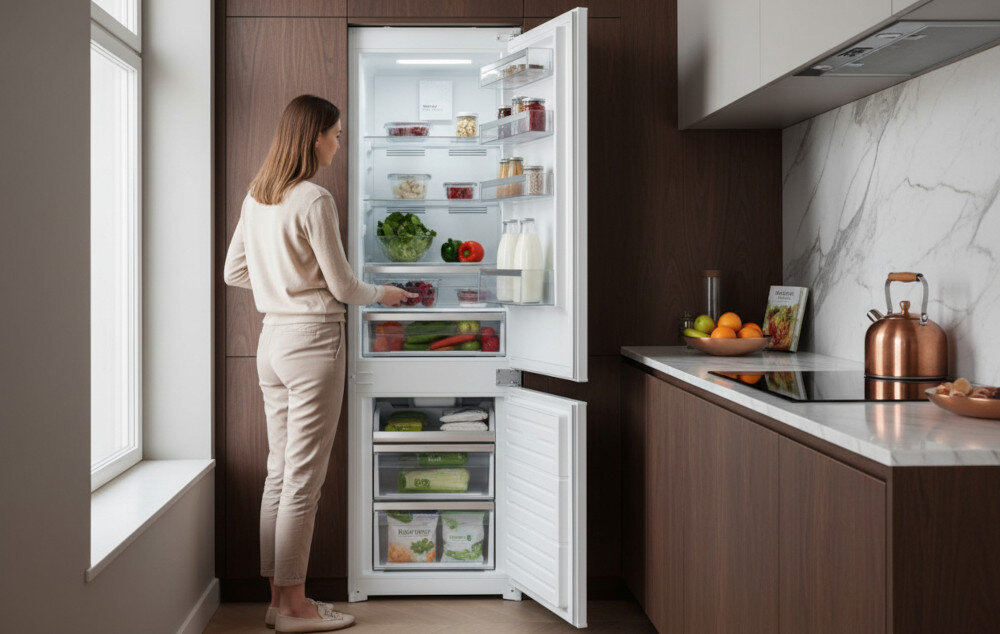LODÓWKA VESTFROST VR-BB27632E0SL Na zdjęciu przedstawiono jasną kuchnię z wysoką lodówko‑zamrażarką do zabudowy, której drzwi są szeroko otwarte. Kobieta w beżowym stroju sięga do jednej z półek w chłodziarce wypełnionej świeżymi warzywami, produktami w słoikach i napojami, a po prawej stronie widać blat z owocami i miedzianym czajnikiem do zabudowy lodówka minimalistyczny design cicha praca energooszczędność