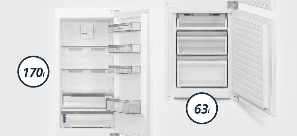 LODÓWKA VESTFROST VR-BB27632E0SL Otwarte wnętrze chłodziarki i zamrażarki z oznaczeniami pojemności 170 l i 63 l, pokazujące rozmieszczenie półek, szuflad oraz przezroczystych balkoników funkcjonalne wnętrze lodówki pojemność chłodziarki 170 l zamrażarka 63 l szuflady L XL zdolność zamrażania 3 kg